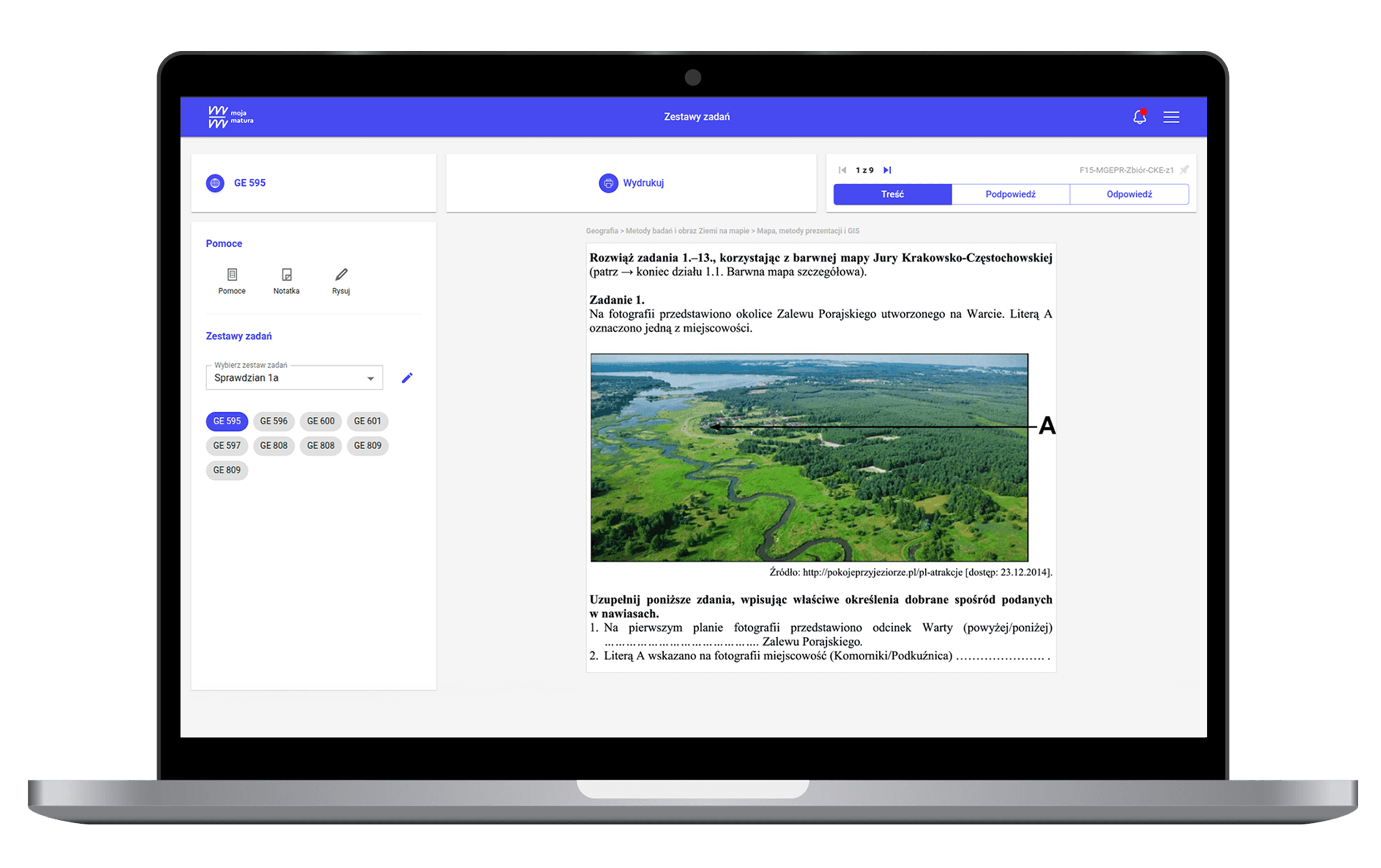 Screenshot aplikacji — Widok interfejsu z zadaniami maturalnymi